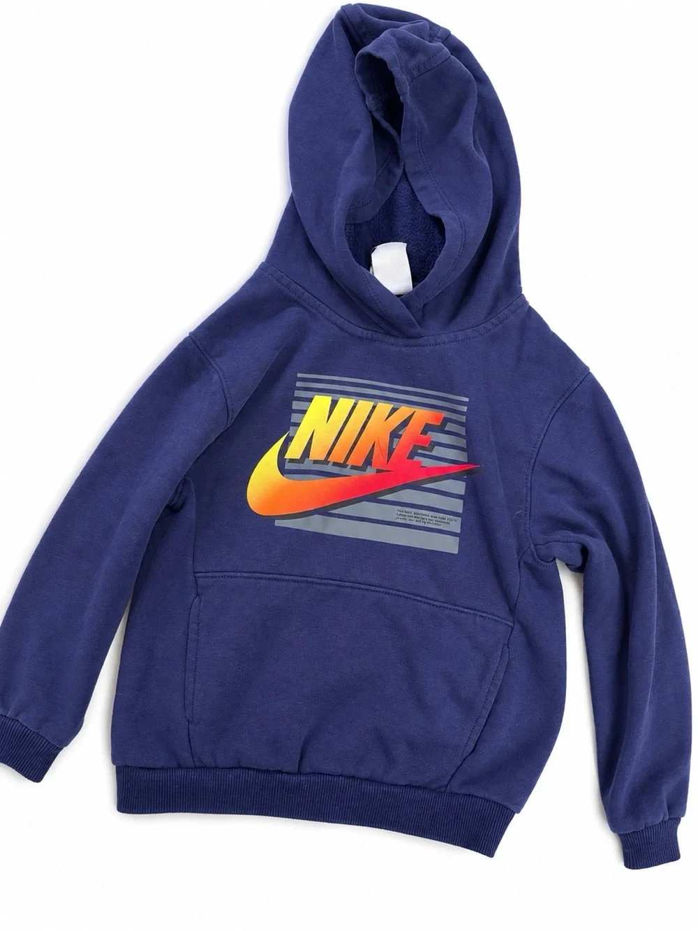 Nike Navy Pullover Hoodie with Yellow-Orange Gradient Swoosh